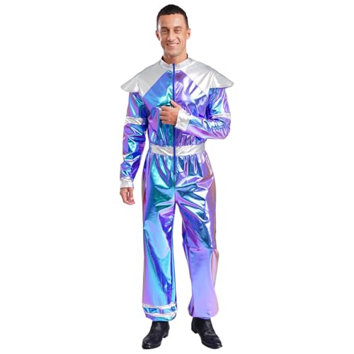 renvena Herren Raumfahrer Kostüm Astronauten Rollenspiel Glänzend Overall Jumpsuit Ganzanzug Fasching Halloween Cosplay Outfit Blau 3XL von renvena