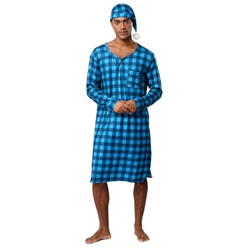 renvena Herren Schlafanzug Nachtwäsche Set Kariert Nachthemd Langarm V-Ausschnitt Shirt Lang Robe mit Zipfelmütze Weihnachten Pyjama Sleepwear Blau L renvena Herren Schlafanzug Nachtwäsche Set Kariert Nachthemd Langarm V-Ausschnitt Shirt Lang Robe mit Zipfelmütze Weihnachten Pyjama Sleepwear Blau L von renvena