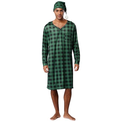 renvena Herren Schlafanzug Nachtwäsche Set Kariert Nachthemd Langarm V-Ausschnitt Shirt Lang Robe mit Zipfelmütze Weihnachten Pyjama Sleepwear Grün XXL renvena Herren Schlafanzug Nachtwäsche Set Kariert Nachthemd Langarm V-Ausschnitt Shirt Lang Robe mit Zipfelmütze Weihnachten Pyjama Sleepwear Grün XXL von renvena