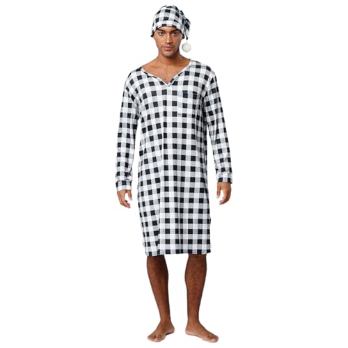 renvena Herren Schlafanzug Nachtwäsche Set Kariert Nachthemd Langarm V-Ausschnitt Shirt Lang Robe mit Zipfelmütze Weihnachten Pyjama Sleepwear Schwarz M renvena Herren Schlafanzug Nachtwäsche Set Kariert Nachthemd Langarm V-Ausschnitt Shirt Lang Robe mit Zipfelmütze Weihnachten Pyjama Sleepwear Schwarz M von renvena