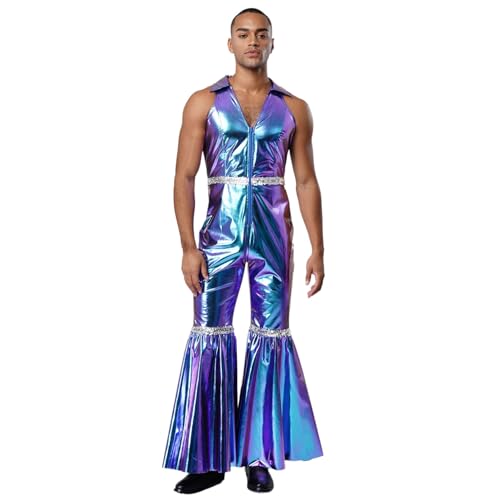 renvena Herren Vintage Hippe Kostüm Metallic Jumpsuit Einteiler Overall Ärmellos Boot Cut Disco Outfit Fasching Karneval Mottoparty Blau M von renvena