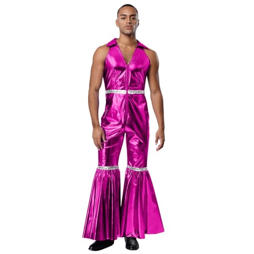 renvena Herren Vintage Hippe Kostüm Metallic Jumpsuit Einteiler Overall Ärmellos Boot Cut Disco Outfit Fasching Karneval Mottoparty Hot Pink XXL von renvena