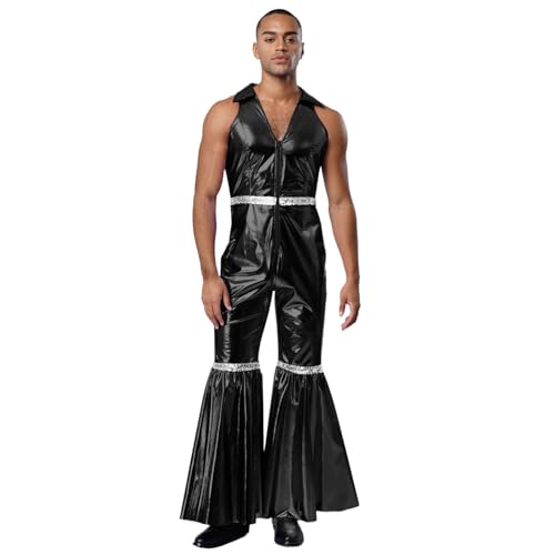 renvena Herren Vintage Hippe Kostüm Metallic Jumpsuit Einteiler Overall Ärmellos Boot Cut Disco Outfit Fasching Karneval Mottoparty Schwarz XL von renvena
