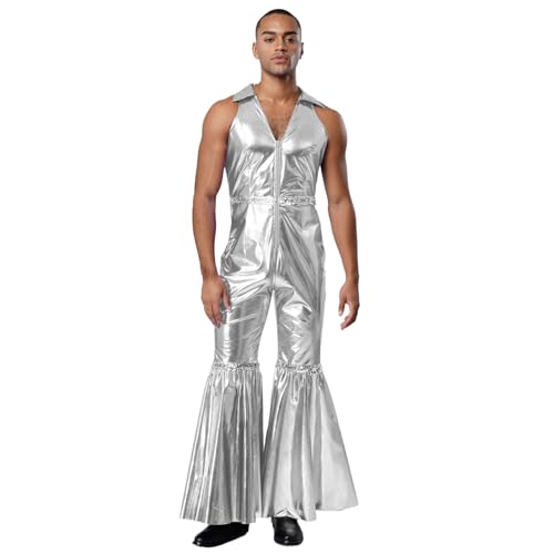 renvena Herren Vintage Hippe Kostüm Metallic Jumpsuit Einteiler Overall Ärmellos Boot Cut Disco Outfit Fasching Karneval Mottoparty Silber XXL von renvena