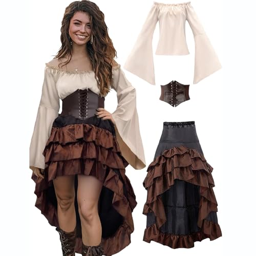 riou Gothic-Kleidung Für Damenoberteile Kostüm Damen Outfit mit Hemd Rock Korsett Taillengürtel Damen Halloween Kostüme Mittelalterlicher Wandteppich (Beige, M) von riou