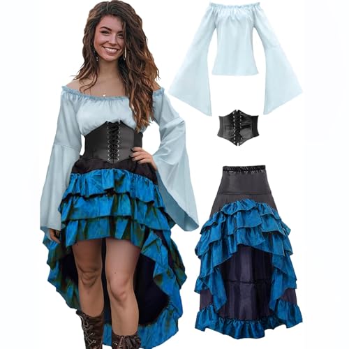 riou Gothic-Kleidung Für Damenoberteile Kostüm Damen Outfit mit Hemd Rock Korsett Taillengürtel Damen Halloween Kostüme Mittelalterlicher Wandteppich (Blue, L) von riou