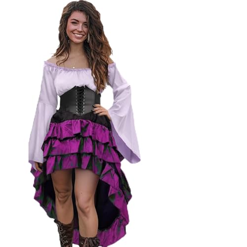 riou Gothic-Kleidung Für Damenoberteile Kostüm Damen Outfit mit Hemd Rock Korsett Taillengürtel Damen Halloween Kostüme Mittelalterlicher Wandteppich (Purple, S) von riou