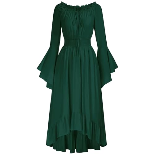 riou Mittelalterlicher Kronkönig Costume Damen Schulterfreies Maxikleid mit Glockenärmeln Mittelalterliche Kuttenmütze (Green, S) von riou
