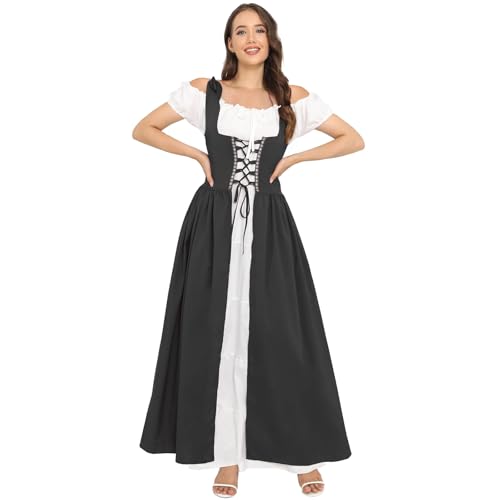 riou Wikingerhemden Für Männer Mittelalterliche Tunika Kostüm Damen Mittelalterkleid Halloween Outfit Ren Kleid und Kurzarmkostüm Mittelalterliche Stulpen Schwarz (Black, S) von riou