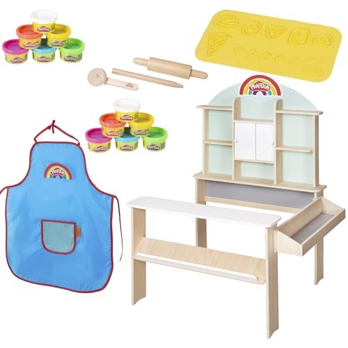 roba x Play-Doh Kaufladen für Kinder - Spielset aus FSC Holz mit 12 Knetdosen, 3 Holzwerkzeugen, Schürze & 3D-Kreativmatte - Pädagogisch wertvoll - Ab 3 Jahren von roba