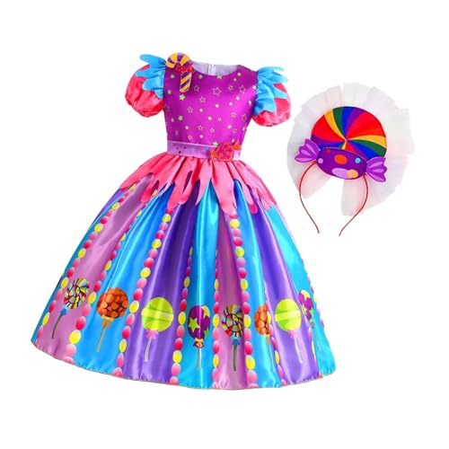 rockible Süßigkeitenkleid für Mädchen, Regenbogenkleid mit Stirnband, Rundhalsausschnitt, Prinzessinnenkleid, Kleid für Urlaubsparty-Auftritt, 110 von rockible