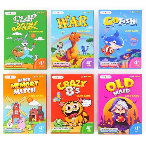 rokt&razo 6 in 1 Kartenspiel für Kinder, Go Fish, Old Maid, Crazy Eights, Memory Match, Slap Jack, War, Premium School Educational Kids Playing Cards, Thick Paper, Standard Poker Size rokt&razo 6 in 1 Kartenspiel für Kinder, Go Fish, Old Maid, Crazy Eights, Memory Match, Slap Jack, War, Premium School Educational Kids Playing Cards, Thick Paper, Standard Poker Size von rokt&razo