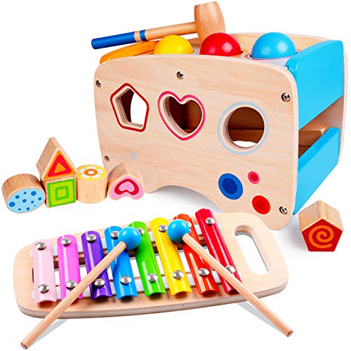 Rolimate Xylophon und Hammerspiel Spielzeug ab 1 Jahr, 3 in 1 Montessori Pädagogisches Vorschullernen Musikspielzeug Holzspielzeug Nachziehspielzeug Geburtstagsgeschenk fur Kinder Baby 1 2 3 Jahre von Rolimate