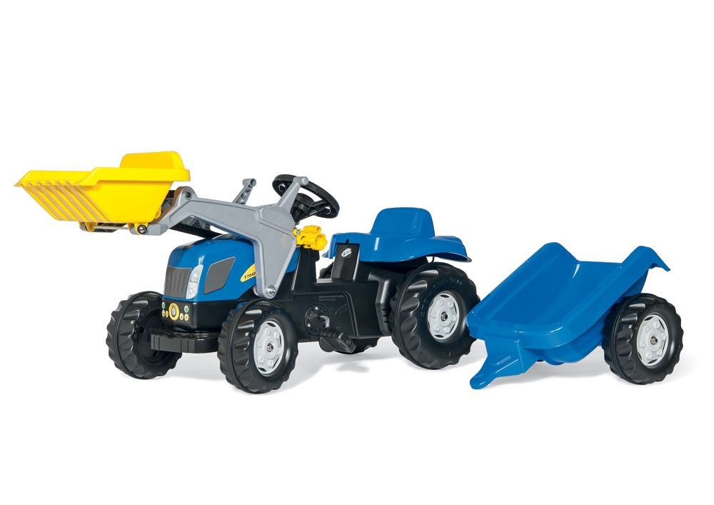 Trettraktor rollyKid New Holland, Farbe blau mit Schaufellader und Trailer von rolly toys