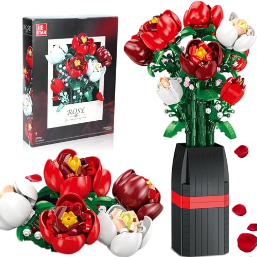rolu Blumenstrauß-Bauset, 761-teiliges Rosen-Dekor-Pflanzen-Bauset mit baubarem Blumentopf, Geschenke für Zuhause, Büro, Dekoration, Ausstellungsstück, Geburtstag, Weihnachtsfeiertag von rolu
