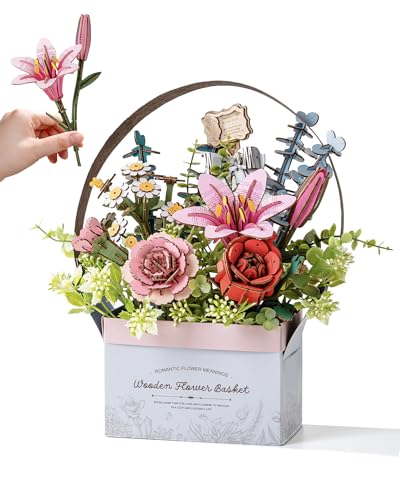 ROWOOD 3D Puzzle Holzblumen mit Korb Künstliche Blumen Set Kreative Modellbausätze für Erwachsene zum Bauen Home Decor Handwerk Geschenke für Valentinstag Muttertag Weihnachten von rowood