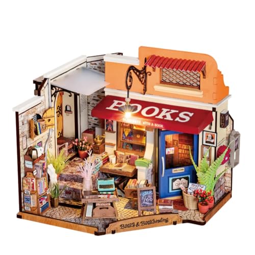 ROWOOD Puppenhaus Kit Ecke Buchhandlung, DIY Miniatur Zimmer mit Möbeln und LED Licht, 1:20 Skala Mini Holzzimmer, Kreative Modell Kits für Erwachsene zu Bauen von ROKR