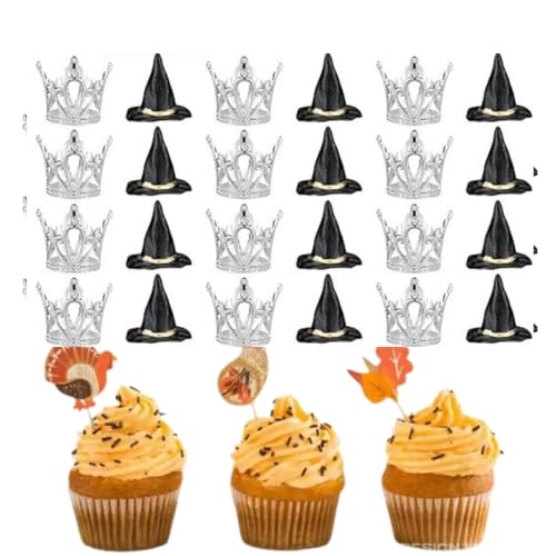 24 Stück Hexenhut Cupcake Topper Krone Cupcake Topper, Mini Hexenhüte Krone Cupcake Dekorationen, Silberne Krone Kuchen Dekor für Geburtstag Party Supplies Handwerk Zubehör von rujjftsy