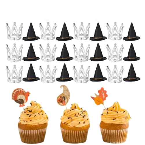 24 Stück Hexenhut Cupcake Topper Krone Cupcake Topper, Mini Hexenhüte Krone Cupcake Dekorationen, Silberne Krone Kuchen Dekor für Geburtstag Party Supplies Handwerk Zubehör von rujjftsy