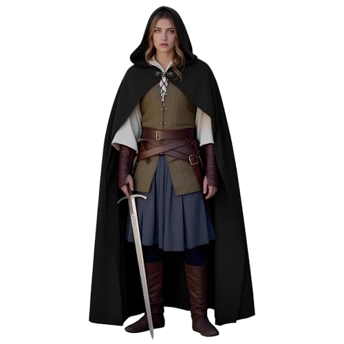 Mittelalter Mantel mit Kapuze Samt Karneval Party Halloween Umhang Kostüm Erwachsene Unisex Damen Herren (Schwarz) von rumnigh