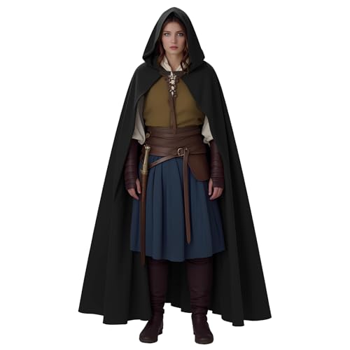 Renaissance Kapuzenmantel Mittelalter Umhang Herren Hexenmantel Gothic Cosplay Cape Halloween Kostüm (Schwarz) von rumnigh
