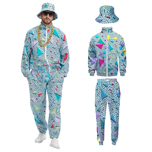 rumnigh 80er 90er Jahre Herren Retro Hip Hop Trainingsanzug, 80s Fancy Jogginganzug Sportanzug Enthalten Jacken, Hosen und Mütze Passend Halloween Karneval (Grün, S) von rumnigh