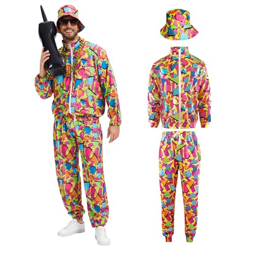 rumnigh 80er 90er Jahre Herren Retro Hip Hop Trainingsanzug, 80s Fancy Jogginganzug Sportanzug Enthalten Jacken, Hosen und Mütze Passend Halloween Karneval (Rot, S) von rumnigh
