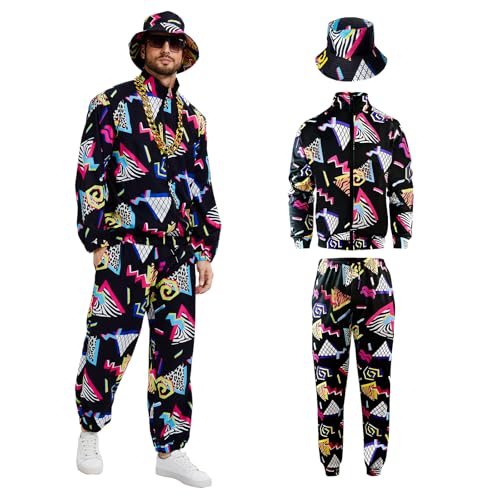 rumnigh 80er 90er Jahre Herren Retro Hip Hop Trainingsanzug, 80s Fancy Jogginganzug Sportanzug Enthalten Jacken, Hosen und Mütze Passend Halloween Karneval (Schwarz, M) von rumnigh
