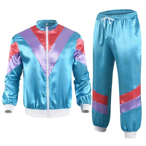 rumnigh 80er 90er Jahre Kostüm mit schickem Trainingsanzug für Männer und Frauen, 80er Jahre Disco Hip Hop Trainingsanzug für Halloween und Karnevalspartys (Blau, 3XL) von rumnigh