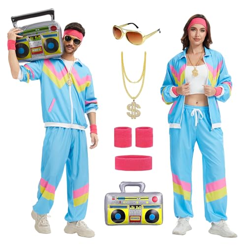 rumnigh 80er 90er Jahre Kostüm mit schickem Trainingsanzug für Männer und Frauen, 80er Jahre Disco Hip Hop Trainingsanzug für Halloween und Karnevalspartys (Blau, S) von rumnigh
