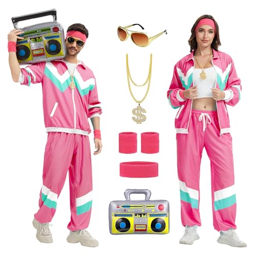 rumnigh 80er 90er Jahre Kostüm mit schickem Trainingsanzug für Männer und Frauen, 80er Jahre Disco Hip Hop Trainingsanzug für Halloween und Karnevalspartys (Rot, L) von rumnigh