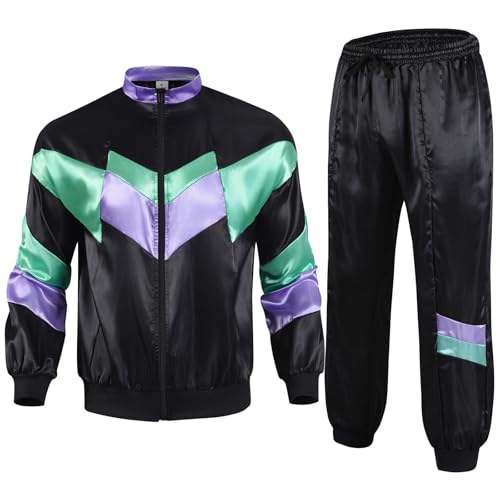 rumnigh 80er 90er Jahre Kostüm mit schickem Trainingsanzug für Männer und Frauen, 80er Jahre Disco Hip Hop Trainingsanzug für Halloween und Karnevalspartys (Schwarz, 3XL) von rumnigh