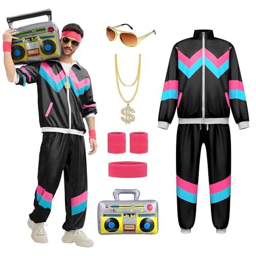 rumnigh 80er 90er Jahre Kostüm mit schickem Trainingsanzug für Männer und Frauen, 80er Jahre Disco Hip Hop Trainingsanzug für Halloween und Karnevalspartys (Schwarz, S) von rumnigh