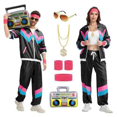 rumnigh 80er 90er Jahre Kostüm mit schickem Trainingsanzug für Männer und Frauen, 80er Jahre Disco Hip Hop Trainingsanzug für Halloween und Karnevalspartys (Schwarz, XL) von rumnigh