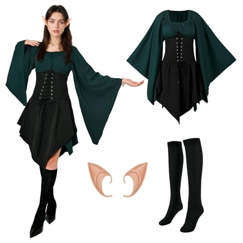 rumnigh Damen Mittelalter Kleid, Traditionelles Gothic Kleid Damen, Renaissance Elfen Kostüm mit Elfenohren Overknee Socken, für Karneval Halloween Kostüm Cosplay (Schwarz, S) von rumnigh