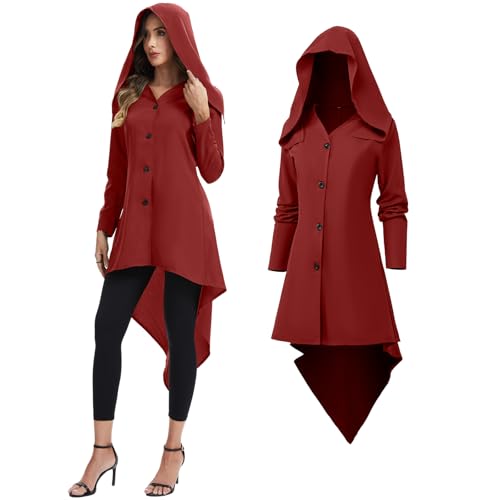rumnigh Gothic-Kleid mit Kapuze für Damen, Mittelalter Kleidung Cosplay Kostüm für Halloween Karneval (Rot, XS) von rumnigh