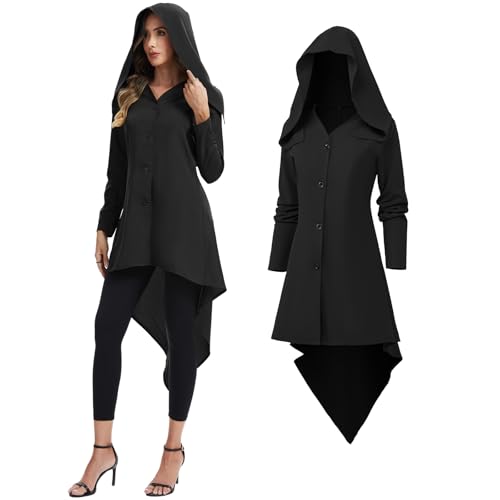 rumnigh Gothic-Kleid mit Kapuze für Damen, Mittelalter Kleidung Cosplay Kostüm für Halloween Karneval (Schwarz, L) von rumnigh