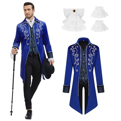 rumnigh Herren Mittelalter Steampunk Jacke Gothic Frack Mantel Faschingskostüme,Renaissance Retro viktorianische Hof Stickerei Mantel, Halloween Kostüm Karneval Party Cosplay Kleidung (Blau, L) von rumnigh
