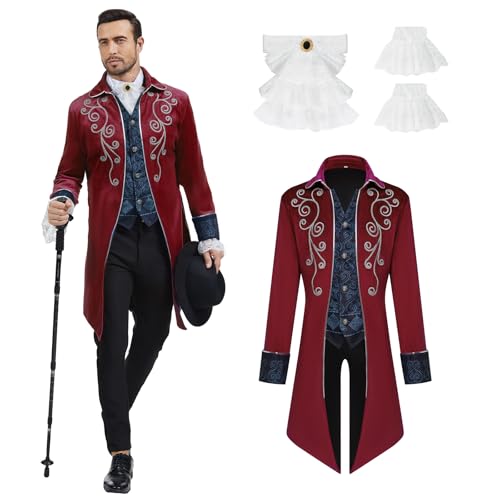 rumnigh Herren Mittelalter Steampunk Jacke Gothic Frack Mantel Faschingskostüme,Renaissance Retro viktorianische Hof Stickerei Mantel, Halloween Kostüm Karneval Party Cosplay Kleidung (Rot, M) von rumnigh