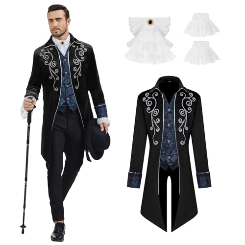 rumnigh Herren Mittelalter Steampunk Jacke Gothic Frack Mantel Faschingskostüme,Renaissance Retro viktorianische Hof Stickerei Mantel, Halloween Kostüm Karneval Party Cosplay Kleidung (Schwarz, S) von rumnigh