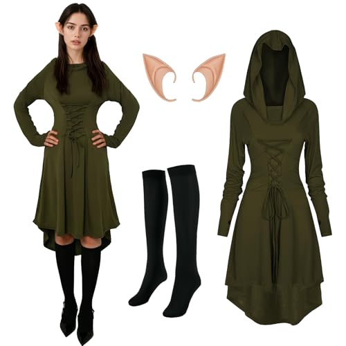 rumnigh Mittelalter Kleidung Damen,Gothic Mittelalter Kleidung, Renaissance Kleid, Kapuzenkleid mit Elfenohren und Overknee Socken für Karneval Halloween (Grün, M) von rumnigh
