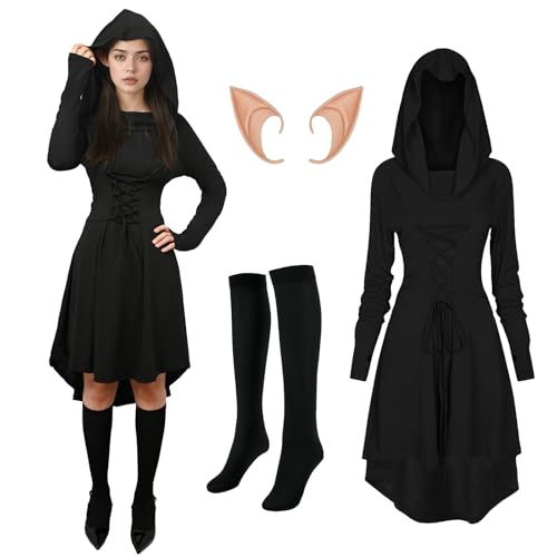 rumnigh Mittelalter Kleidung Damen,Gothic Mittelalter Kleidung, Renaissance Kleid, Kapuzenkleid mit Elfenohren und Overknee Socken für Karneval Halloween (Schwarz, L) von rumnigh