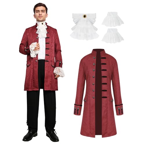 rumnigh Mittelalter Kleidung Herren,Steampunk Frack Mantel,Vintage Viktorianischen Gothic Frack Renaissance Retro Uniform Mittelalter Jacke Halloween Cosplay Kostüm (Rot, M) von rumnigh