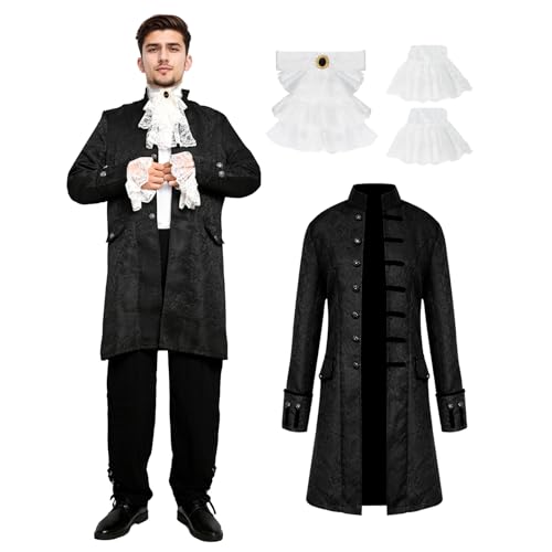 rumnigh Mittelalter Kleidung Herren,Steampunk Frack Mantel,Vintage Viktorianischen Gothic Frack Renaissance Retro Uniform Mittelalter Jacke Halloween Cosplay Kostüm (Schwarz, XXL) von rumnigh