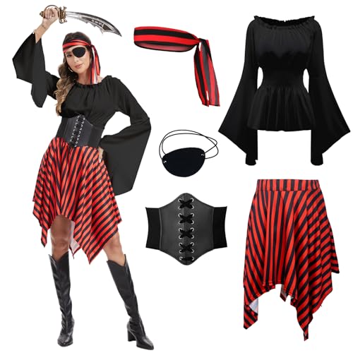 rumnigh Piratenkostüm für Damen Mittelalterliche Renaissance-Kleidung mit Piraten-Accessoires für Karneval und Halloween-Party (Schwarz, 2XL) von rumnigh