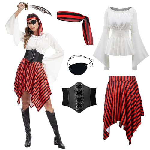 rumnigh Piratenkostüm für Damen Mittelalterliche Renaissance-Kleidung mit Piraten-Accessoires für Karneval und Halloween-Party (Weiß, 2XL) von rumnigh
