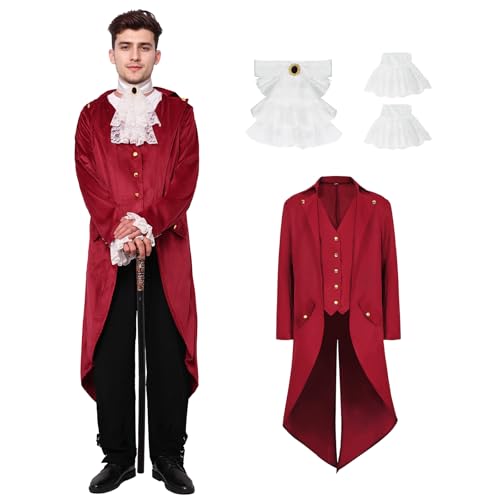 rumnigh Steampunk Herren Jacke, Gothic Frack Herren Mantel, Mittelalter Viktorianischen Vintage Jacke Uniform Lange Smoking,Halloween Party Karneval Cosplay Kleidung (Rot, M) von rumnigh