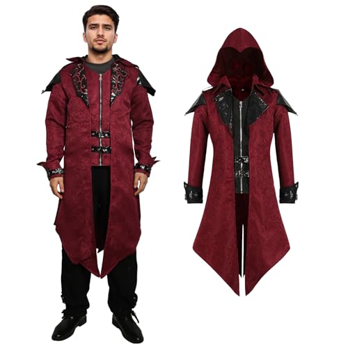 rumnigh Steampunk Kostüm Herren,Mittelalter Steampunk Gothic Frack Jacke, Vintage Viktorianischen Smoking Halloween Fasching Karneval Kostüm (Rot, XXL) von rumnigh