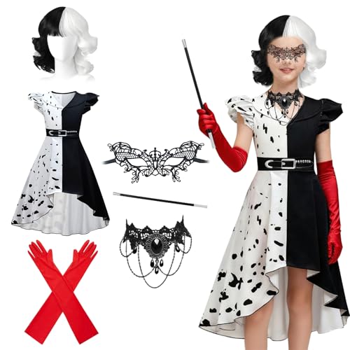 Cruella Deville Kostüm Kinder - Halloween-Kostüme für Kinder, Kinder Halloween-Kostüme Mädchen, Verkleidung für Partys, Karneval Cosplay und Rollenspiele, 140 von runpeak