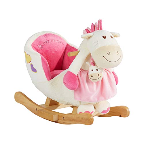 solini Schaukeltier Pony mit Soundfunktion - Spielzeug mit Soundeffekten auf Druck des Ohres, Kufen & Griffen aus Holz - rosa/weiß von sOlini